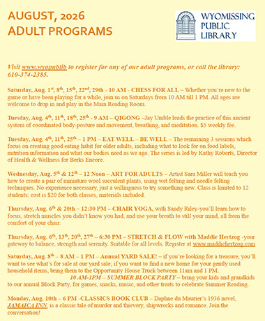 Monthly calendar for adult programs in PDF format