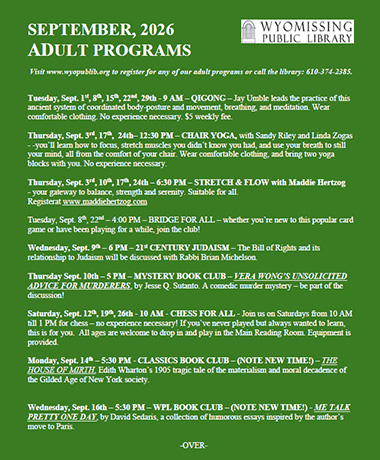 Monthly calendar for adult programs in PDF format