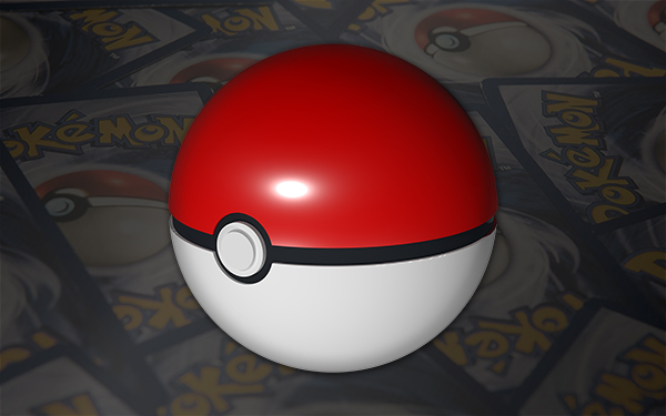 A graphic showing a Pokemon ball over a background of Pokemon cards