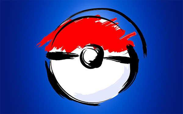 Graphic showing a Pokeball logo over a blue background