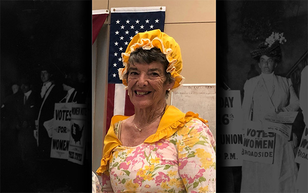 Graphic showing Hallie Vaughan in costume for a Women's Equality Day presentation